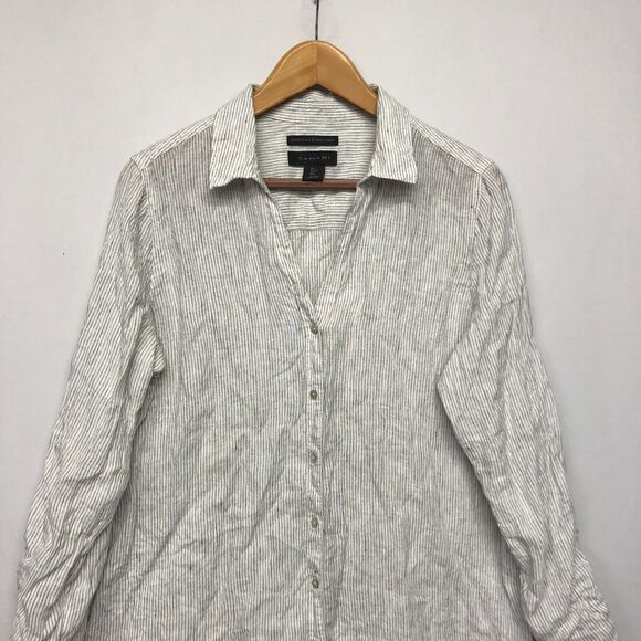 Tahari Women Long Sleeve 100% Linen Button Shirt Top Size Large Stripe B272 -13 - Picture 8 of 12